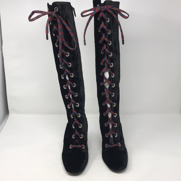Prada Black Lace Up Velvet Runway Boots NIB - Picture 2 of 8